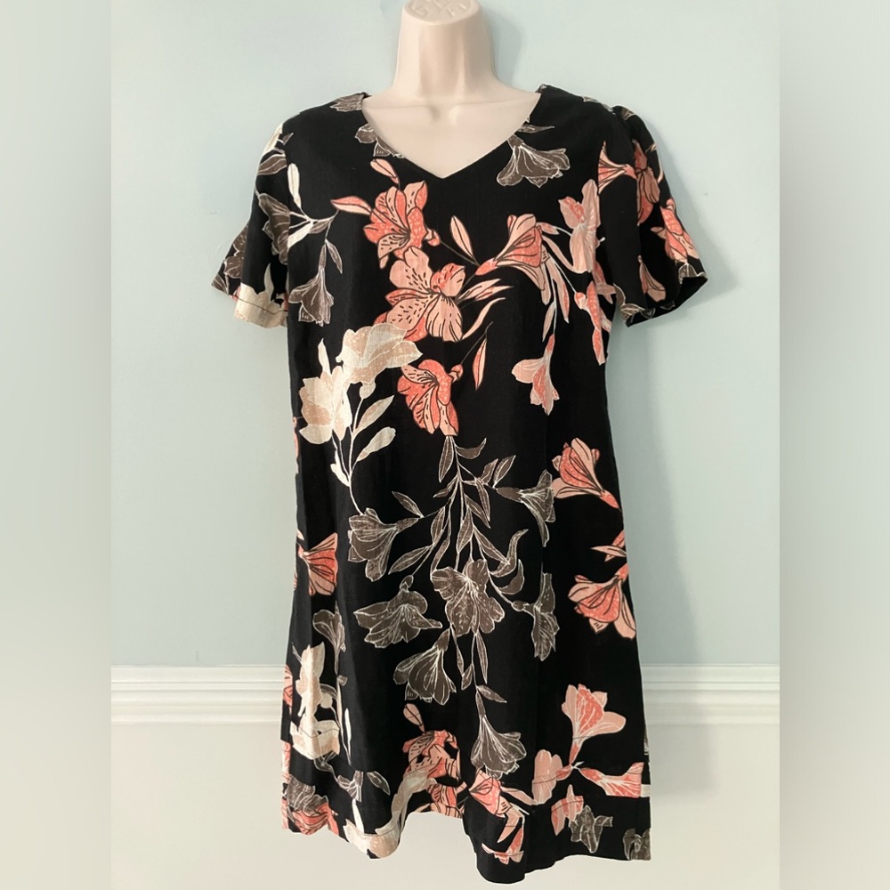 Nicole Miller linen blend A line dress floral Tropical Resortwear beachy S